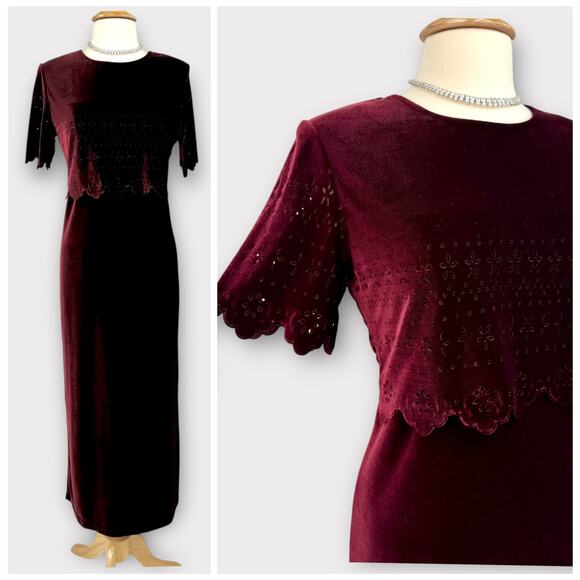 Vintage 90s Burgundy Velvet Column Gown Scallop Eyelet Overlay Maxi Dress Sz 14 - Picture 3 of 13